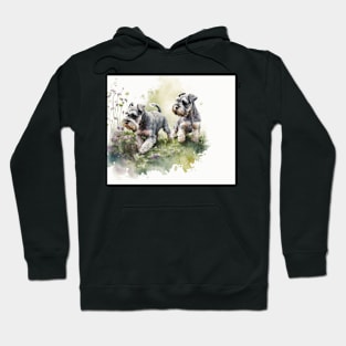 Two Miniature Schnauzers Playing Watercolour Painting Hoodie